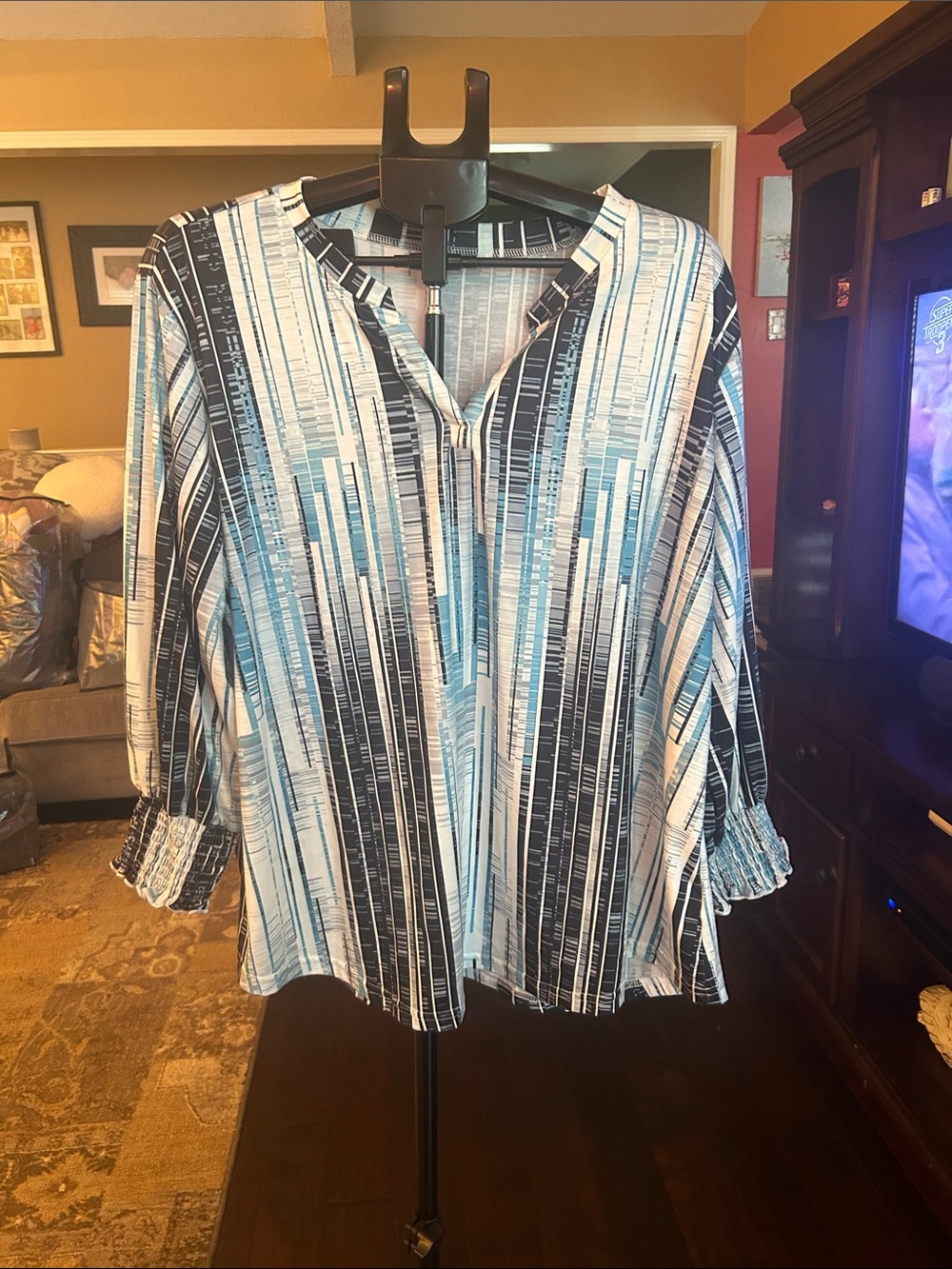 Striped Blue and White Women's Blouse with V-Neck